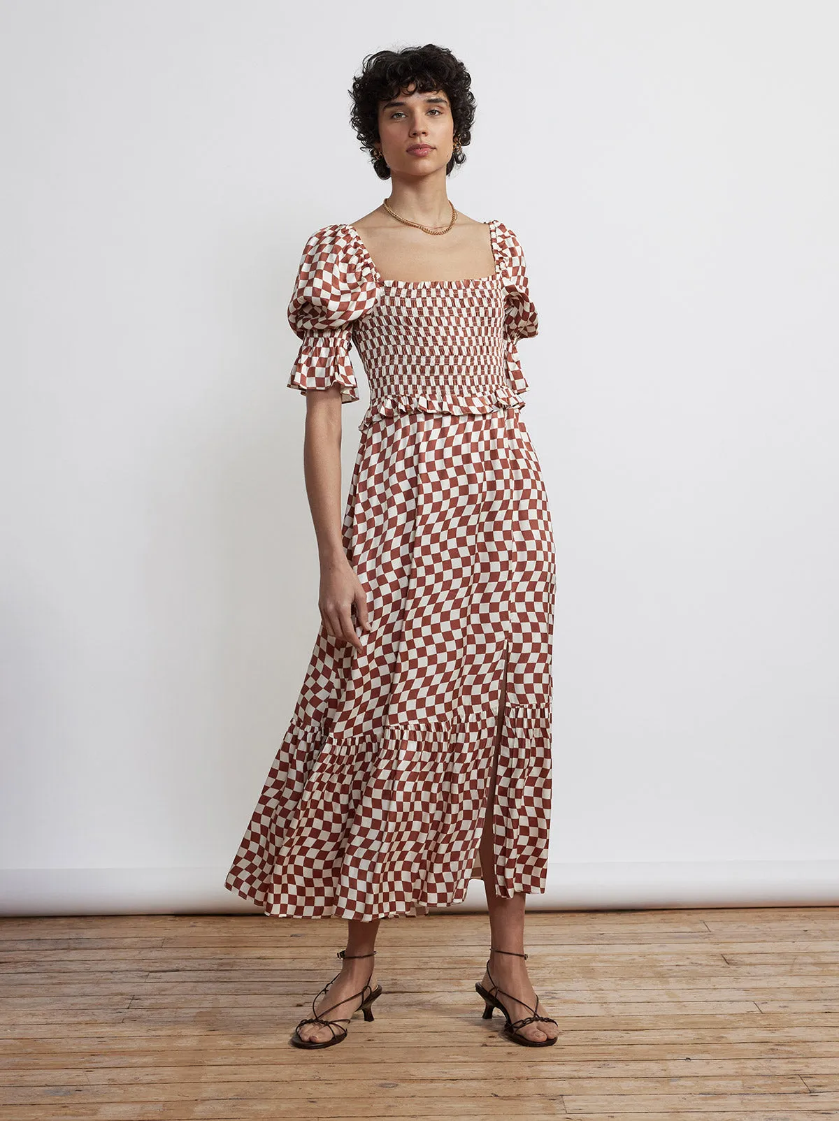 Barbara Brown Wavy Checker Shirred Dress