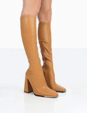 Caryn Camel Grain Pu Patent Knee High Block Heeled Boots