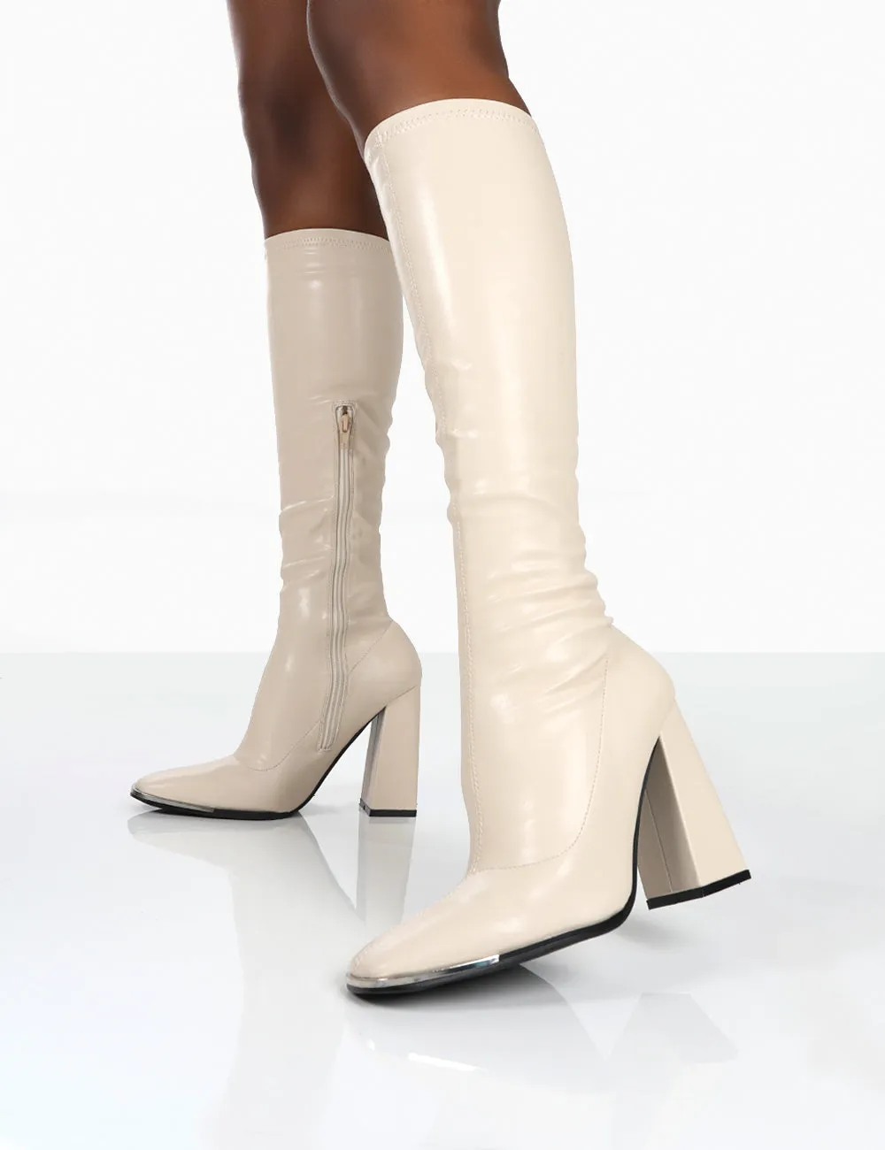 Caryn Stone PU Knee High Block Heeled Boots