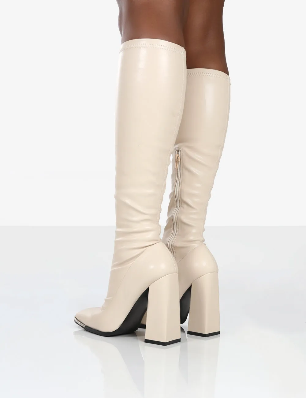 Caryn Stone PU Knee High Block Heeled Boots