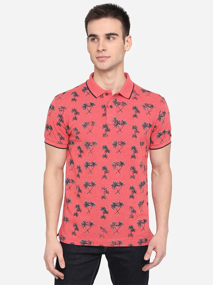 Cayenne Red Printed Slim Fit Polo T-Shirt | Greenfibre