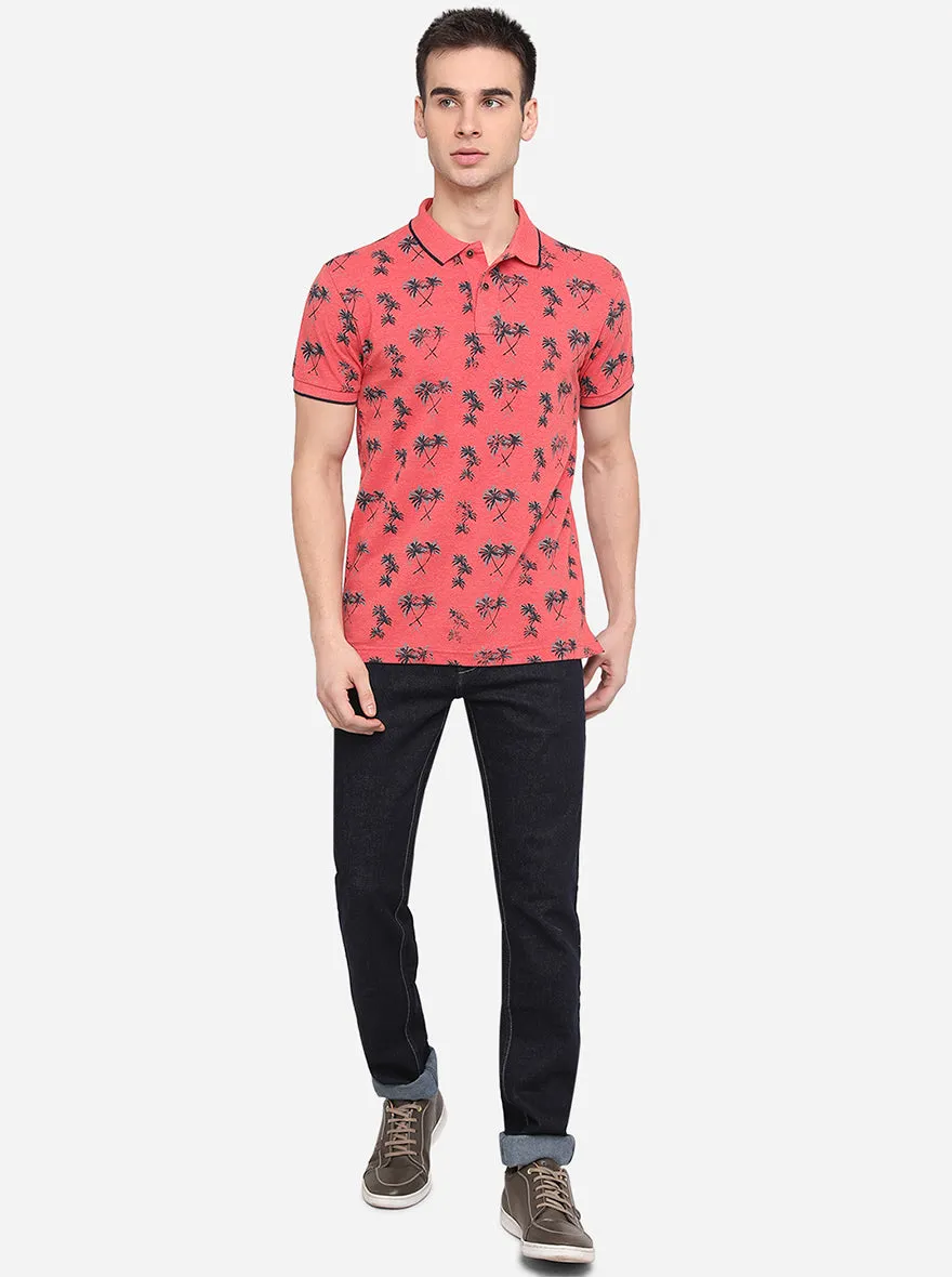 Cayenne Red Printed Slim Fit Polo T-Shirt | Greenfibre