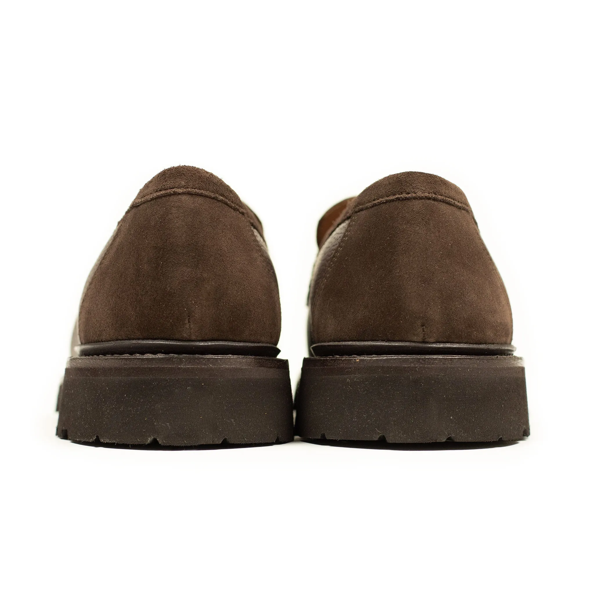 Chicago lugged penny loafer in two tone brown suede and Scotch grain calf