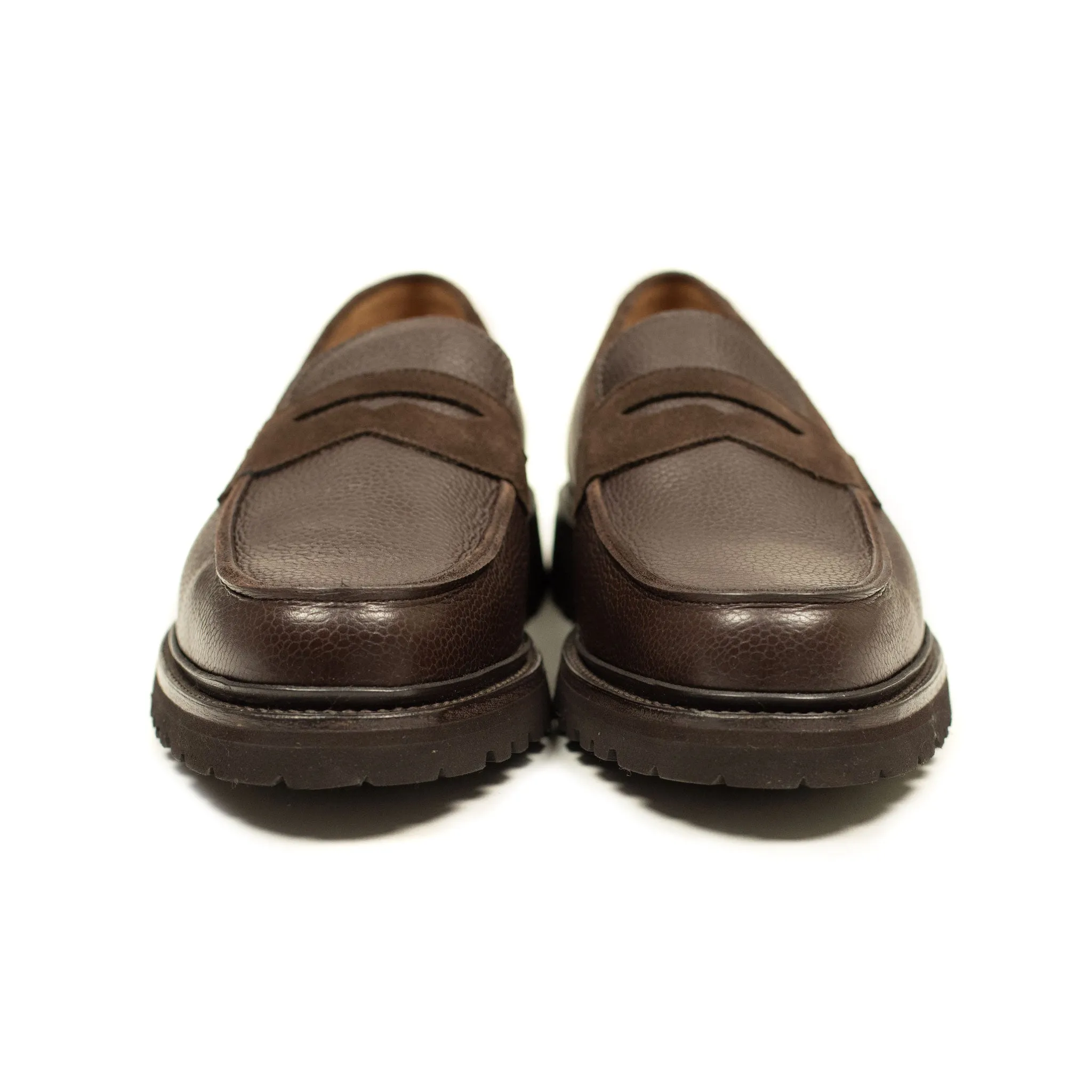 Chicago lugged penny loafer in two tone brown suede and Scotch grain calf