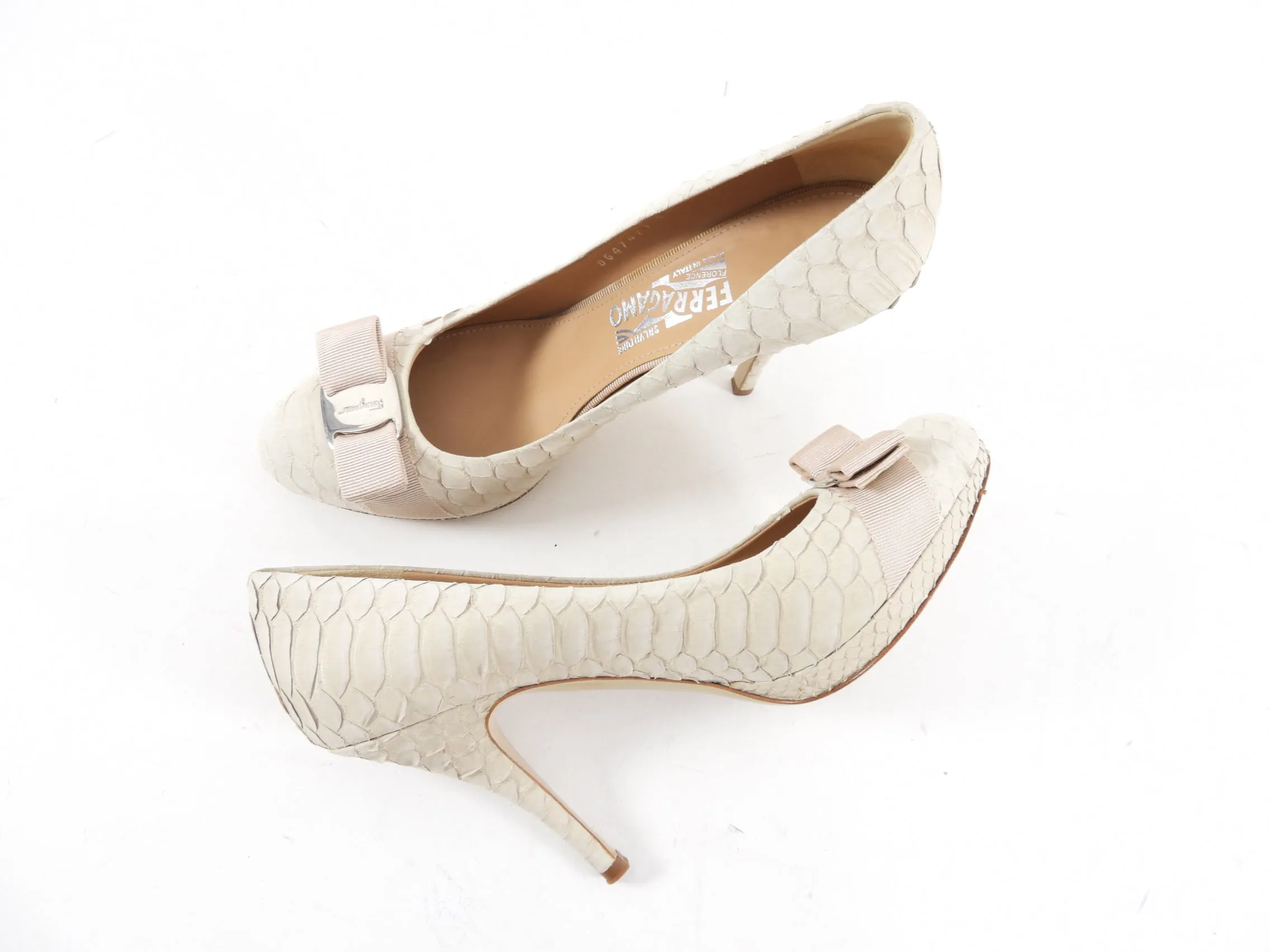 Ferragamo Ivory Python Platform Pumps with Bows - 9B