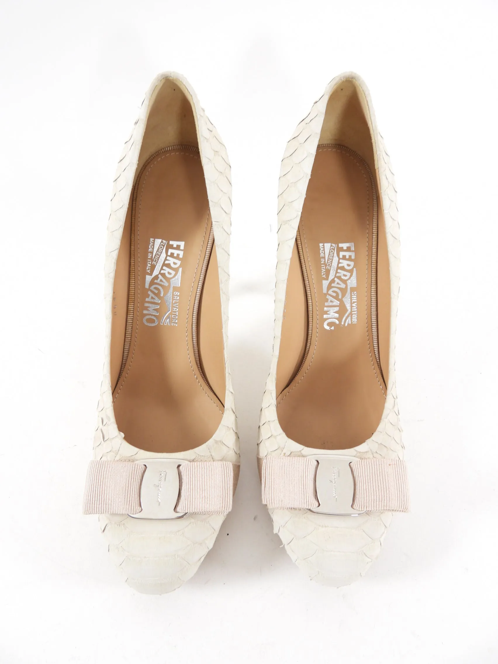 Ferragamo Ivory Python Platform Pumps with Bows - 9B