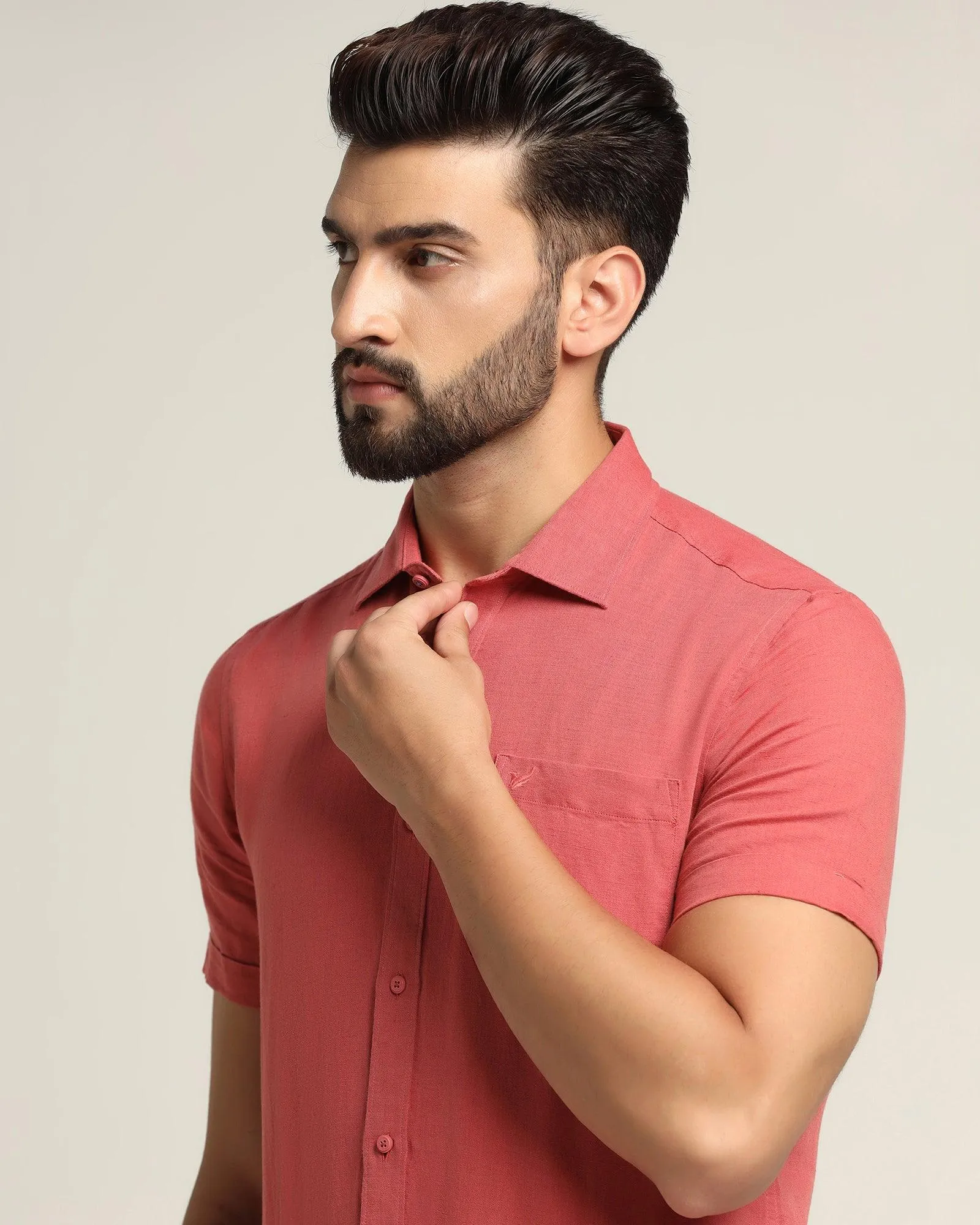 Linen Casual Half Sleeve Dusty Pink Solid Shirt - Salmon