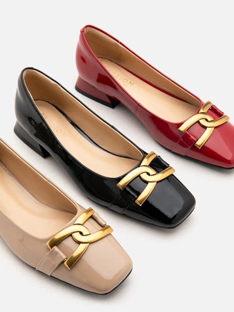 Lucinda Gold Buckle Patent Covered Flats