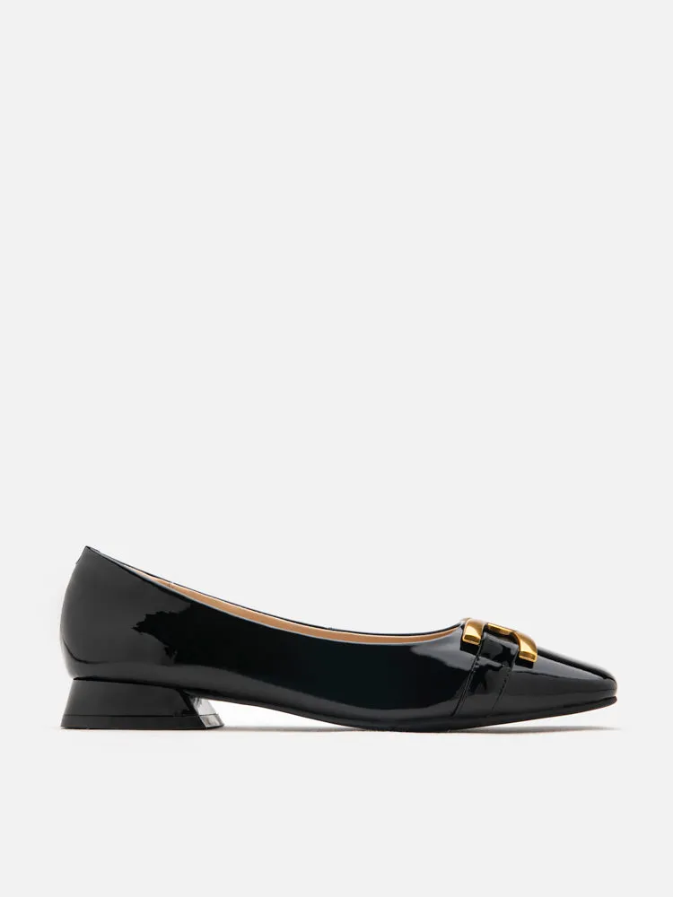 Lucinda Gold Buckle Patent Covered Flats