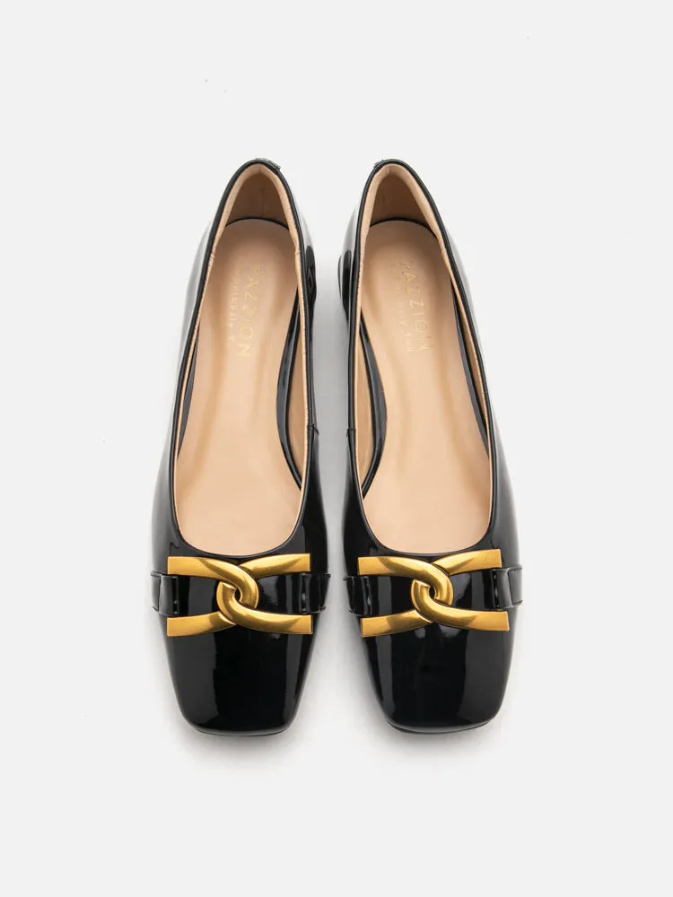 Lucinda Gold Buckle Patent Covered Flats