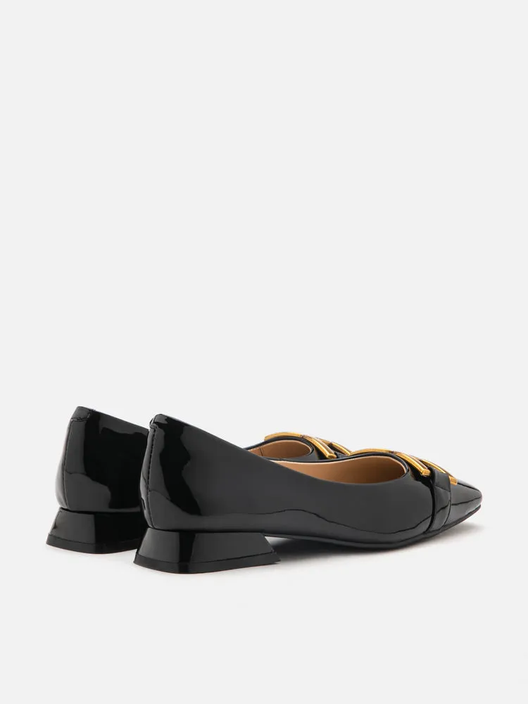 Lucinda Gold Buckle Patent Covered Flats