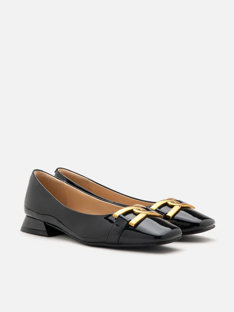 Lucinda Gold Buckle Patent Covered Flats