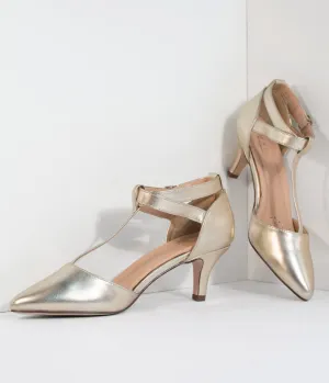 Metallic Gold Leatherette Pointed Toe Ellie T-Strap Heels