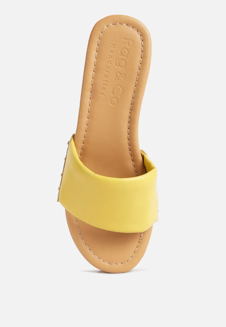 MINNY Textured Heel Leather Slip On Sandals in Yellow