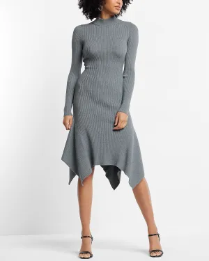 Mock Neck Ribbed Asymmetrical Hem Sweater Midi Dress in Heather Gray