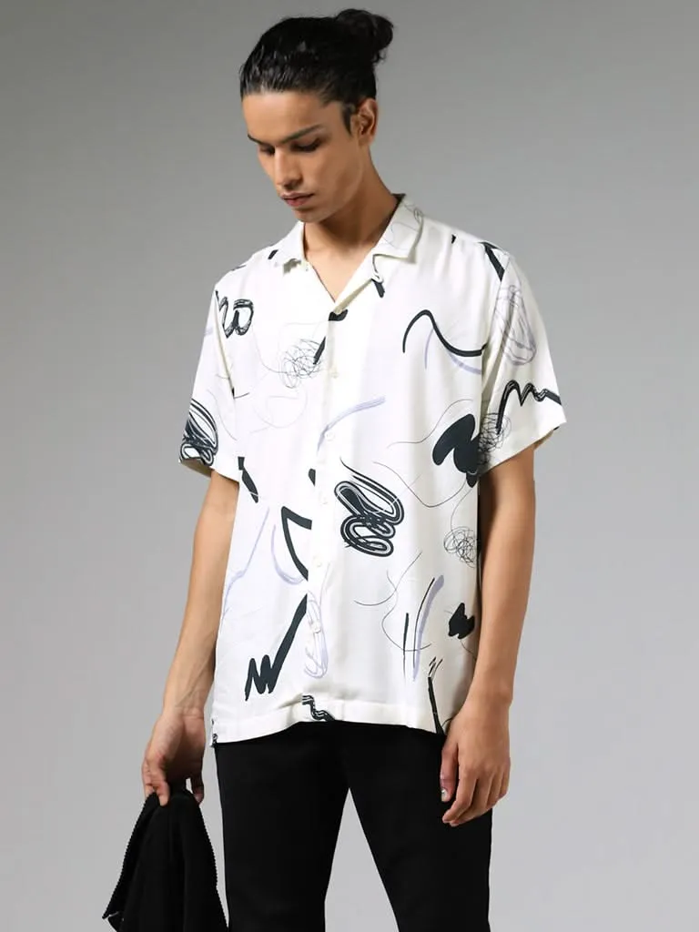 Nuon Off White Doodle Printed Relaxed-Fit Shirt