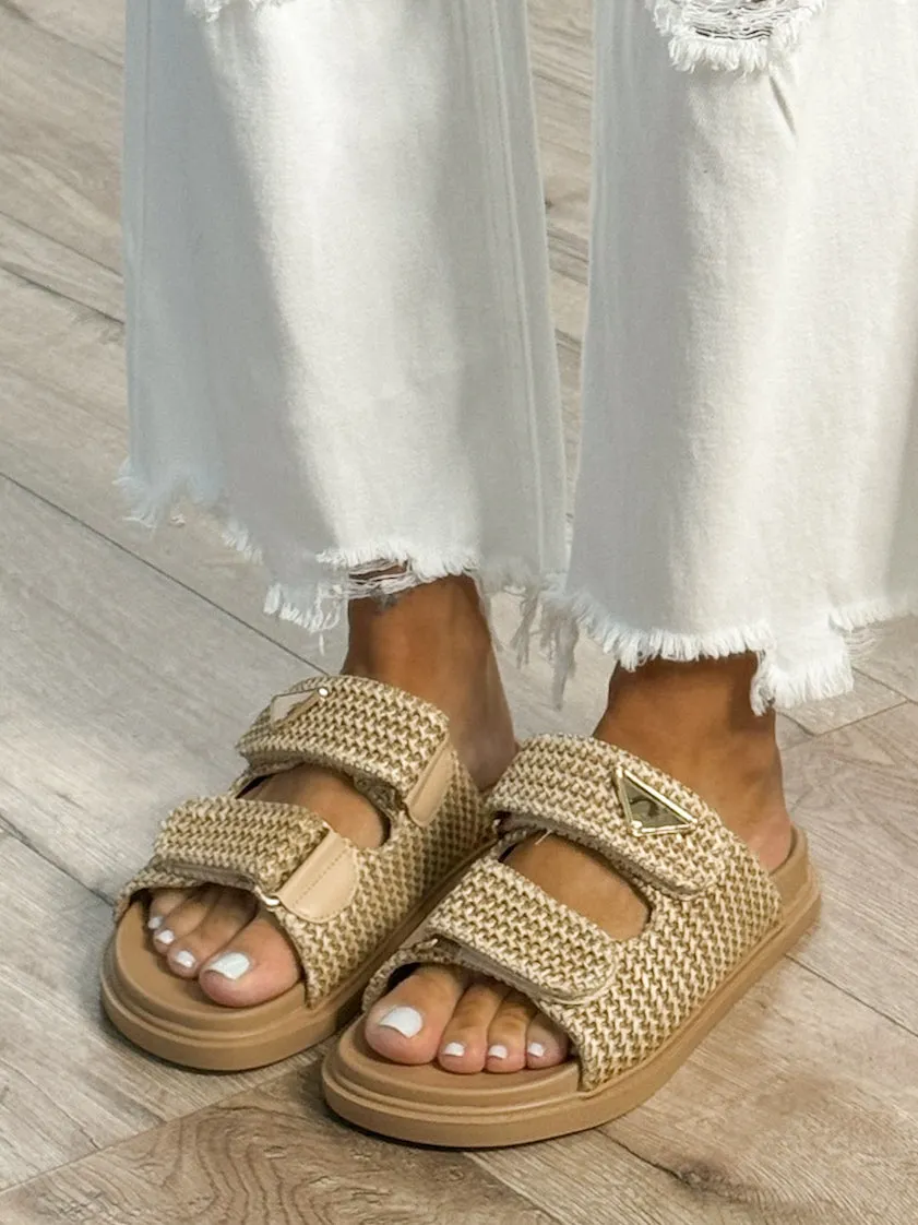 Raffia Velcro Slides | Taupe | RESTOCK