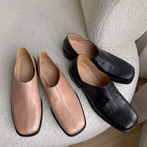 Square Toe Soft Leather Loafers for Women in Pink/Black