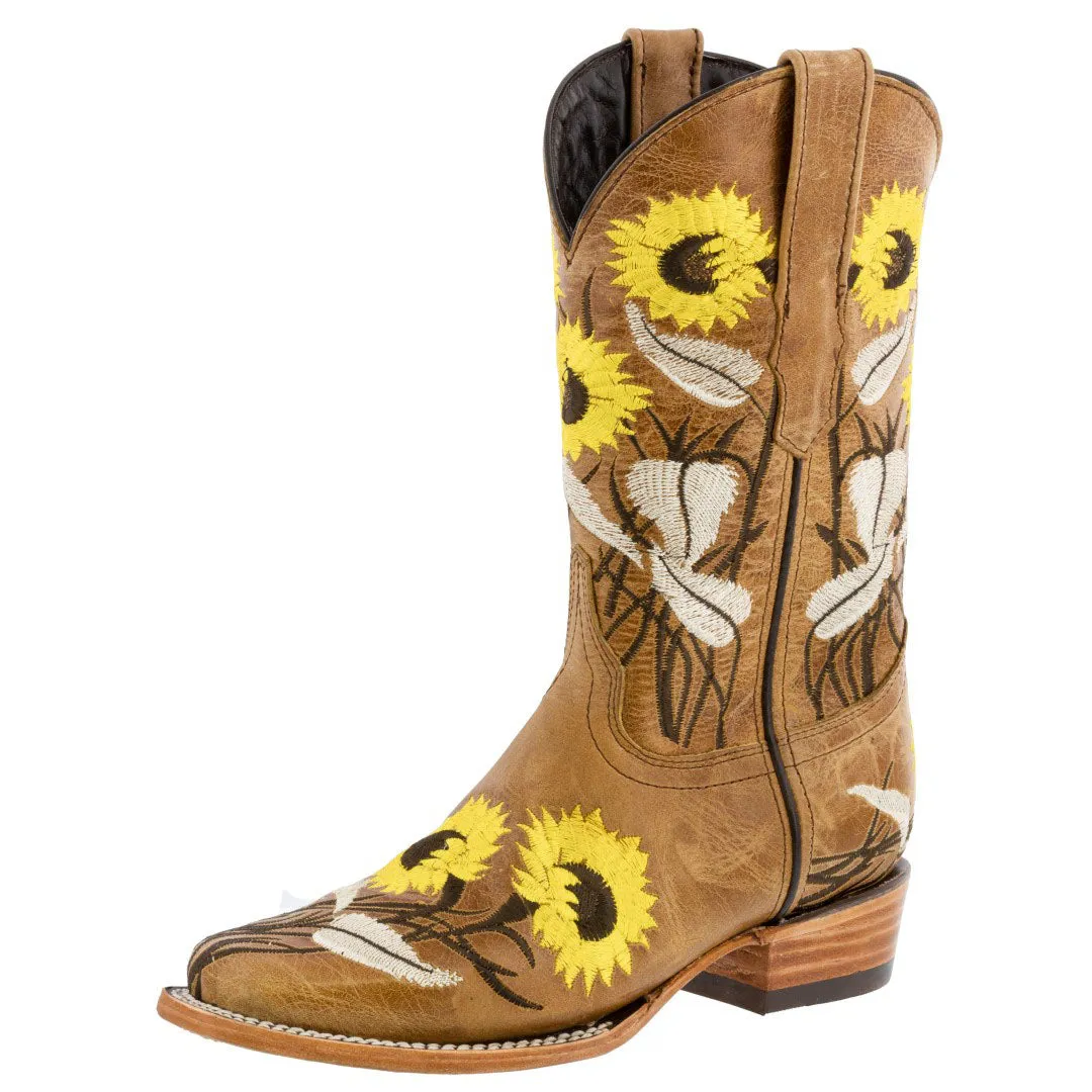 Womens Honey Brown Western Boots Sunflower Embroidered Leather - Square Toe