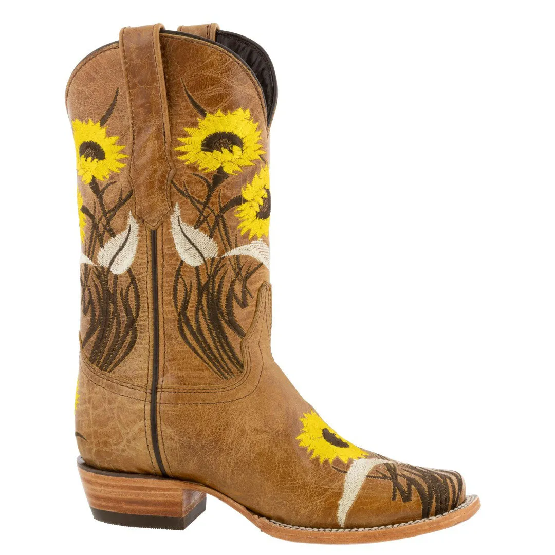 Womens Honey Brown Western Boots Sunflower Embroidered Leather - Square Toe