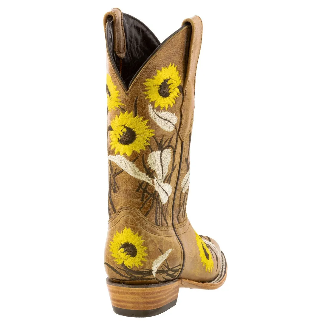 Womens Honey Brown Western Boots Sunflower Embroidered Leather - Square Toe