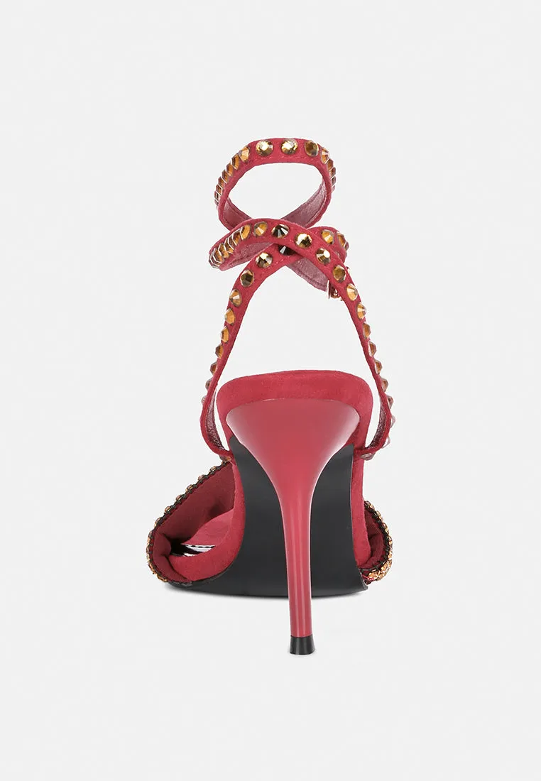 ZURIN Burgundy Diamante Embellished Stiletto Sandals